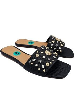 ALDO Itsandal Black Slide Sandals with Studded Rhinestones Embellishments NWOT